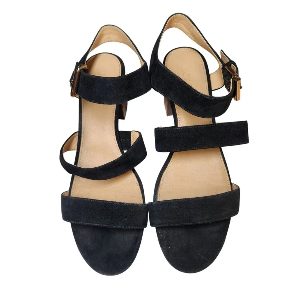 J Crew Three Strap‎ Suede Sandal Block Heel Black Ankle Strap Gold Buckle Prep 9